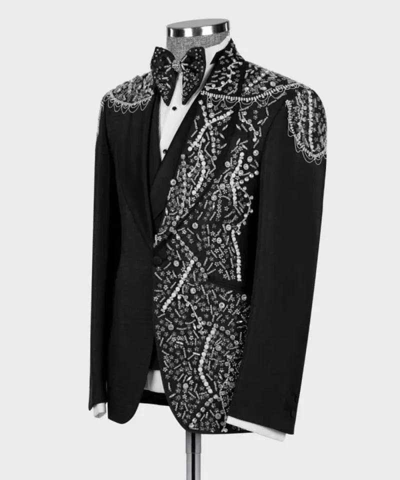 Luxury Slim Fit Men's 2 Piece Tuxedo High Quality Beaded Crystals One Button Customized for Wedding Groom Business Dinner Prom