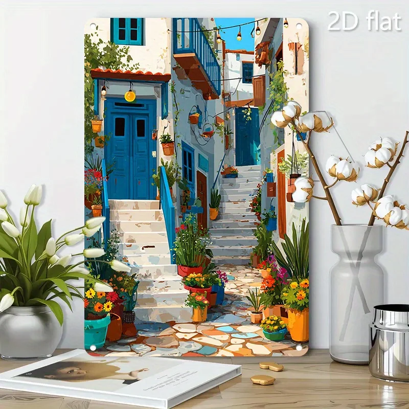Vintage Mediterranean Street Scene Metal Sign Iron 8x12 Inch European Village Wall Decor for Home Cafe Restaurant Office