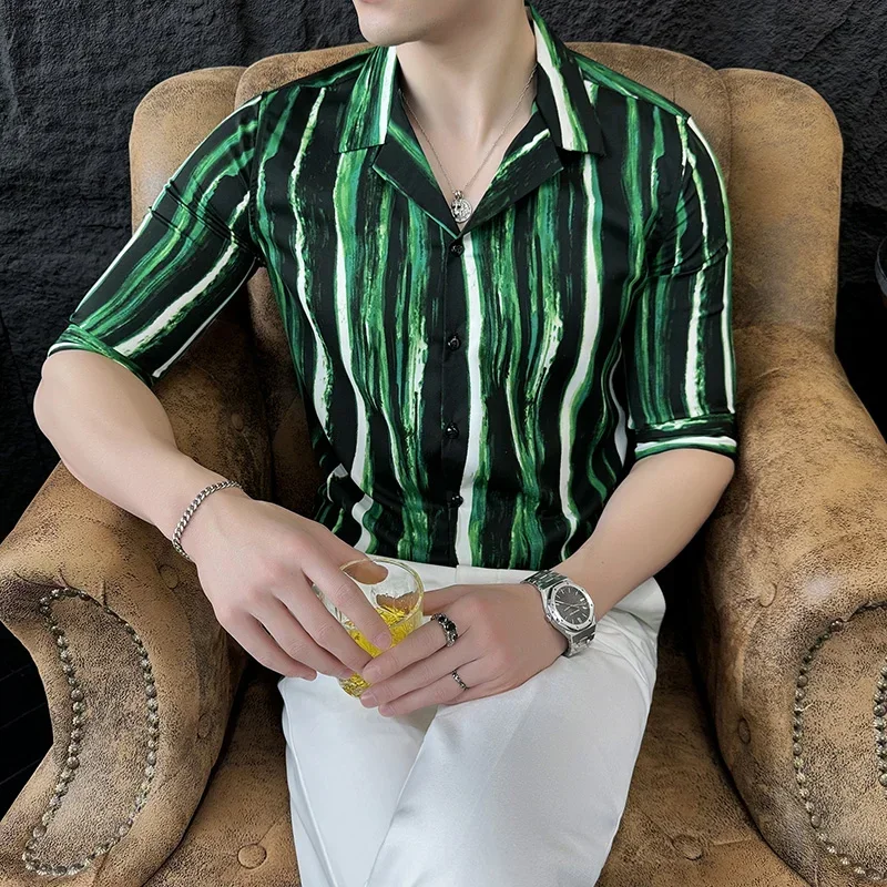 

2024 Summer Half Sleeve Striped Shirts Men High Quality Casual Business Shirt Suit Collar Social Party Tuxedo Blouse M-4XL