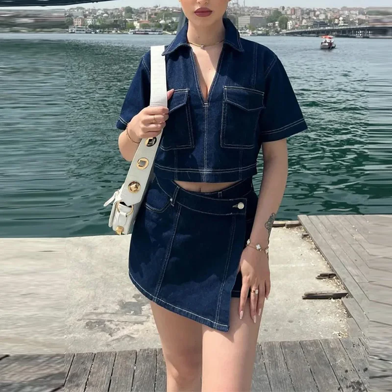Elegant V-neck Top and Button Shorts Pant Outfits Fashion Hight Street Solid Color 2Pc Suit Casual Short Sleeve Pocket Denim Set