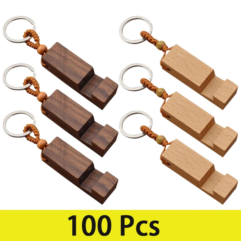 100Pcs Mobile Phone Holder Keychain Portable Small Wooden Key Chain Mini Portable Carry-on Keyring