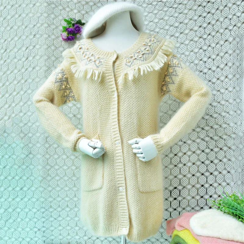 Ladies Women Autumn Winter Hairy Soft Mohair Wool Crochet Flower Tassel Collar Long Sleeves Slim Cardigans Sweater Jacket Pull