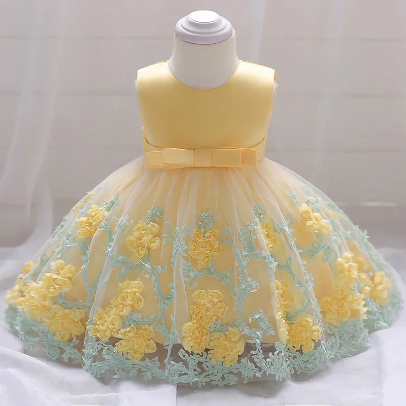 Vestido de princesa de bautismo para niña, tutú de malla sin mangas, lazo de encaje de flores, fiesta de cumpleaños, boda