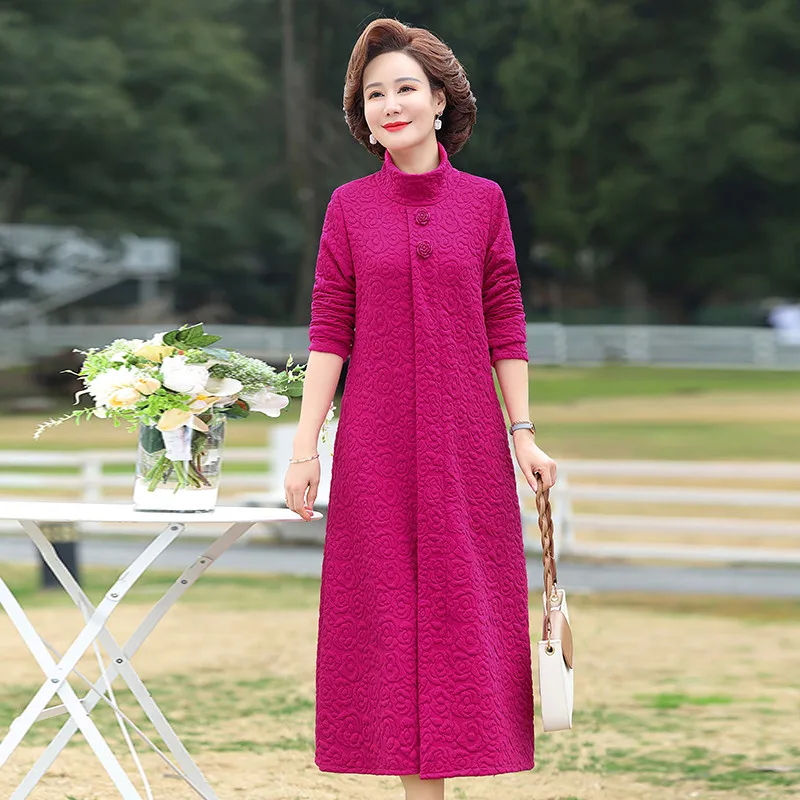 

High collar Elegant and Noble Embossed loose Dress Female Age-reducing Mid-Aged Mother Temperament Long Dress for Women