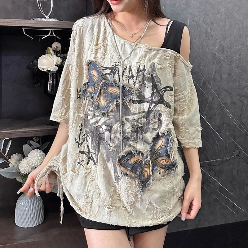 

Fashion Hole Tassel Printed Shirring Embroidery T-Shirt Female Clothing 2025 Summer New Loose Casual Tops Off Shoulder Tee Shirt