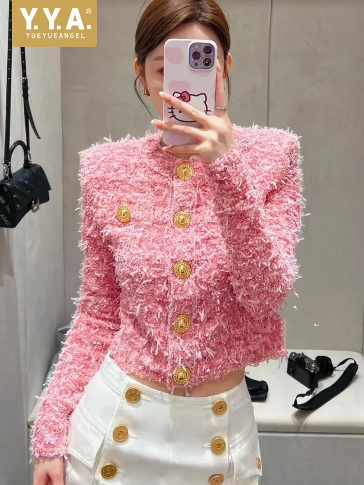 Fashion Women Sweet Slim Fit Knitted Weave Short Jackets Long Sleeve O-Neck Single Breasted Golden Colour Button Sequin Top Coat