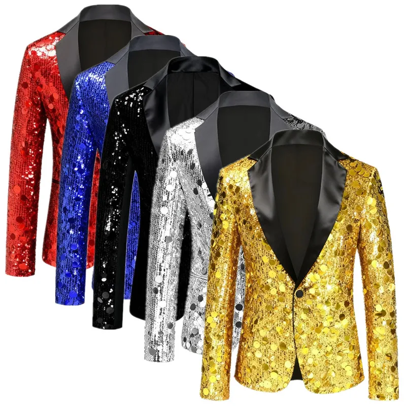 

Silver Glitter Suit Men Single Button Loose Jacket , Singer Pianist Stage Performance Luxurious Blazers Mens Bar KTV Casual Coat