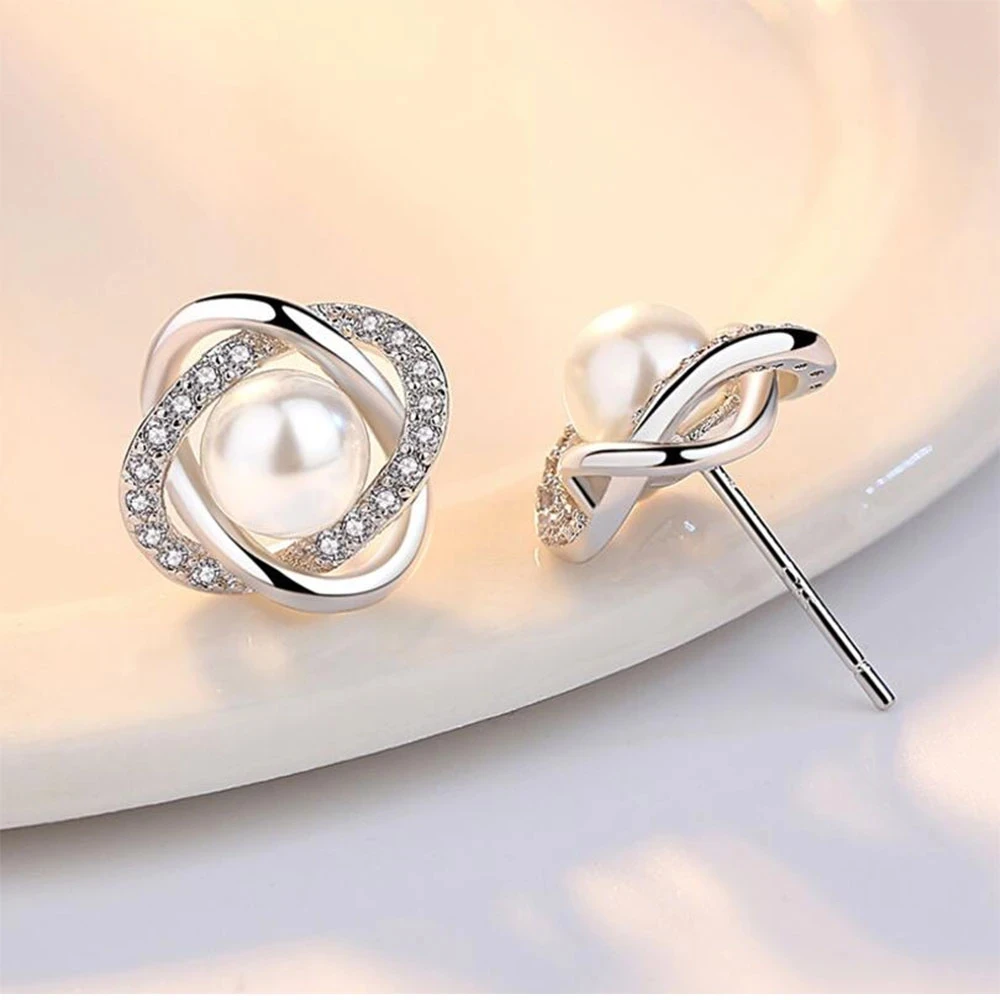 Upscale 925 Silver Needle Earrings Zircon Pearl Twist Luxury Stud Earrings for Women Brincos Pendientes Bijoux
