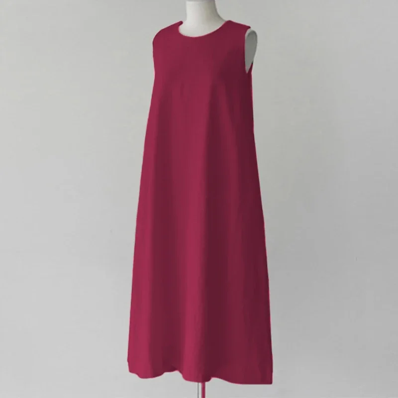 New Comfortable Cotton Linen Solid Color Dress Women Summer Large Size Sleeveless Dressy Female Minimalist Style Long Dress