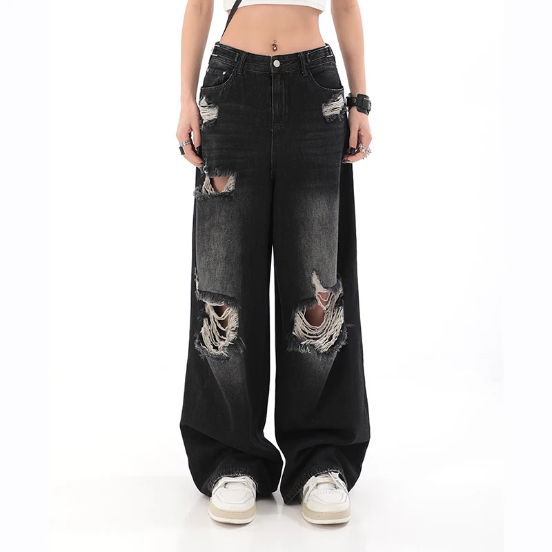 Gidyq Jeans a vita alta da donna Vintage strappati Streetwear pantaloni a gamba larga pantaloni Casual in Denim dritto stile americano