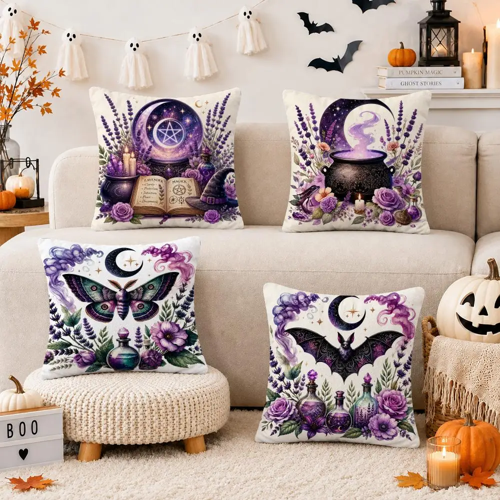 Halloween Magic Purple Cushion Cover Short Plush Double Sided Printed Soft Pillow Case Home Sofa Decor Festival Gifts