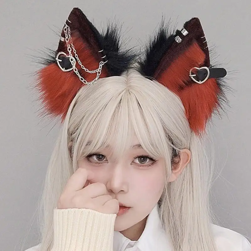 P88A Punk Ears Cosplay Hair Hoop with Dangle Jewelry Woman Teens Headband for Live Broadcast Carnivals Hairband