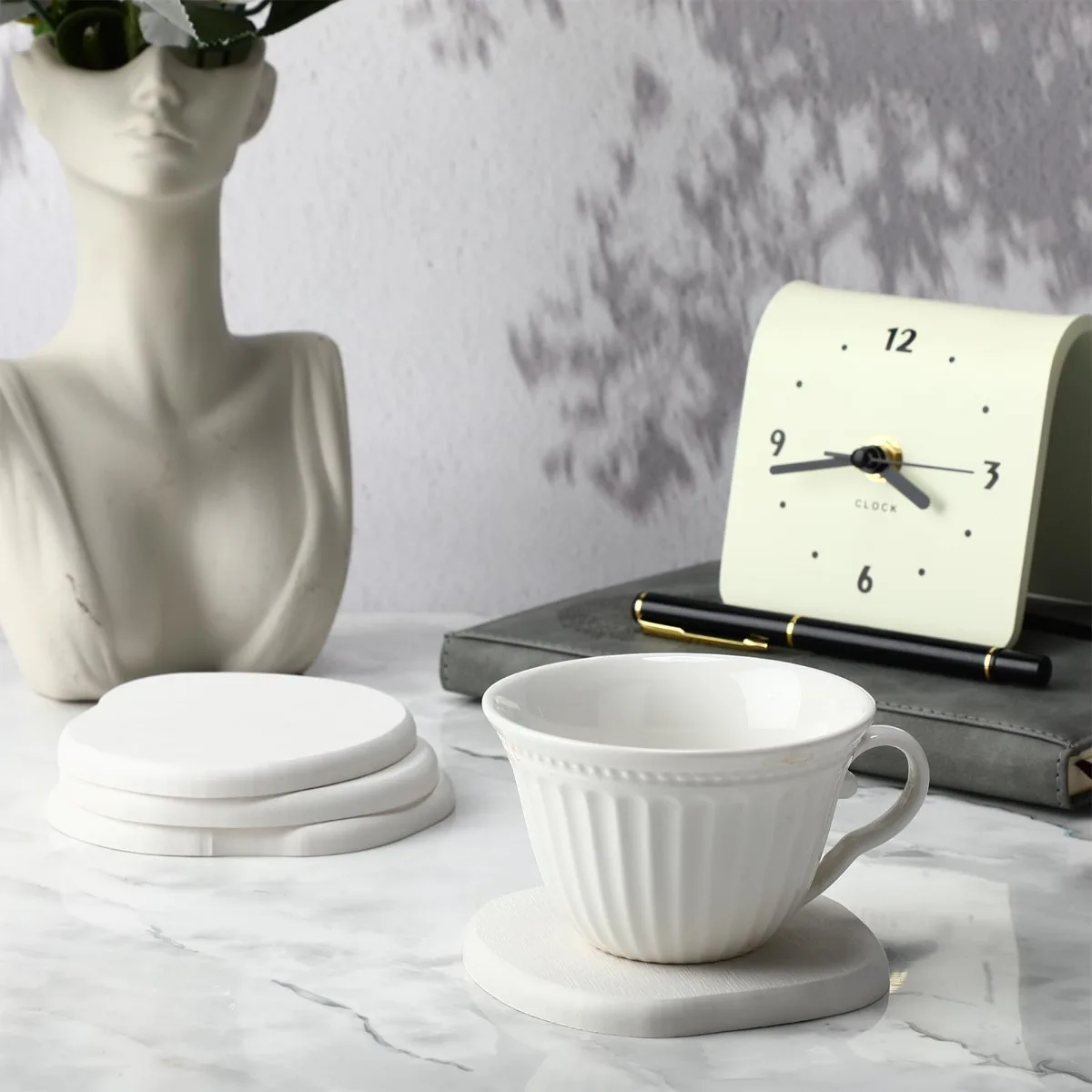 Diatomaceous Earth Coasters Cool Absorbent Quick-Dry Drink Coasters for Desks Cute Modern Stone Design with White Aesthetic