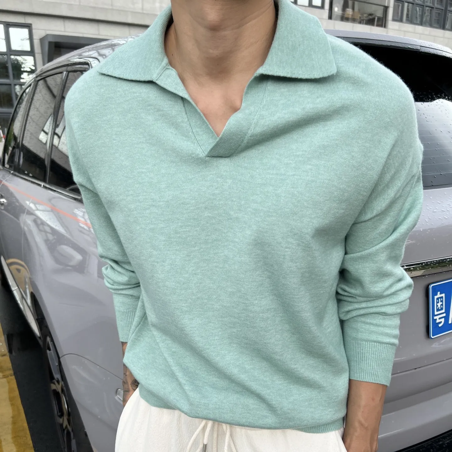 

Italy LP men's clothing 2025 early autumn new loose solid color V lapel men's casual knitted polo shirt long sleeve