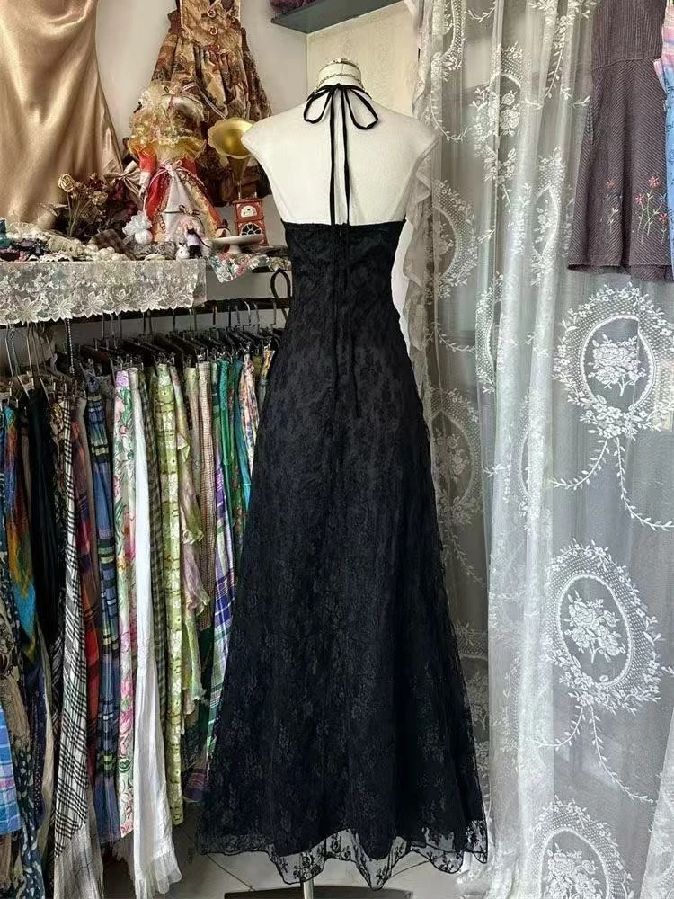 Vintage Sleeveless Women Long Dressess Evening Party Retro Painting One Piece Dress Backless Sexy Slim French Fashion Summer