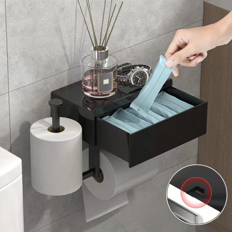 Toilet Paper Box With Phone Wall Mount Toilet Tissue Roll Holder With Drawer Bathroom Tissue Holder