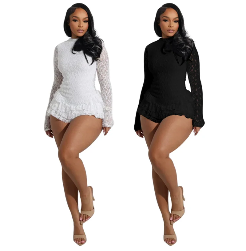 

New Sexy Lace Long-sleeved And Short Pants With Black Ear Trim And Backless Jumpsuits For European And American Women's Clothing