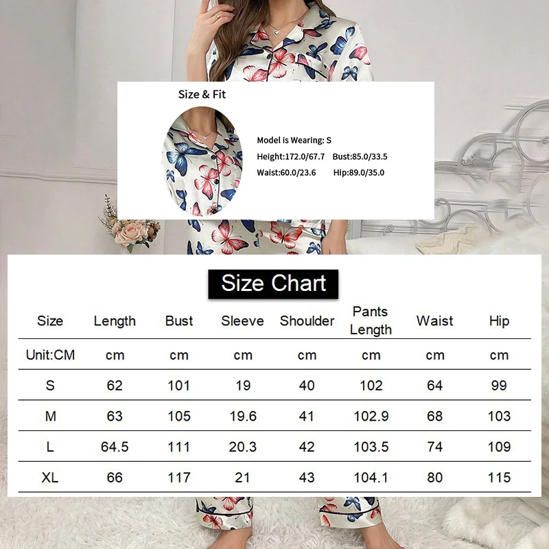 Women\'s Butterfly Print Satin Elegant Pajama Set Short Sleeve Buttons Lapel Top With Pants Loungewear 2 Piece Nightgown Nighty