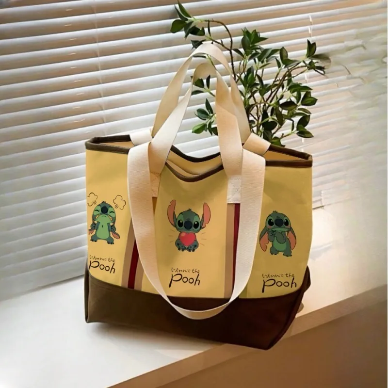 Miniso الرجعية الكرتون ويني الدب حقيبة قماش قنب المرأة، حقيبة حمل التنقل، متعددة الاستخدامات سعة كبيرة حقيبة كتف واحدة،