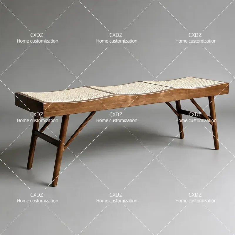 Rattan Solid Wood Bench Retro Style Bedroom Bedside Stool Living Room Entrance Multi Functional Shoe Changing Stool Small
