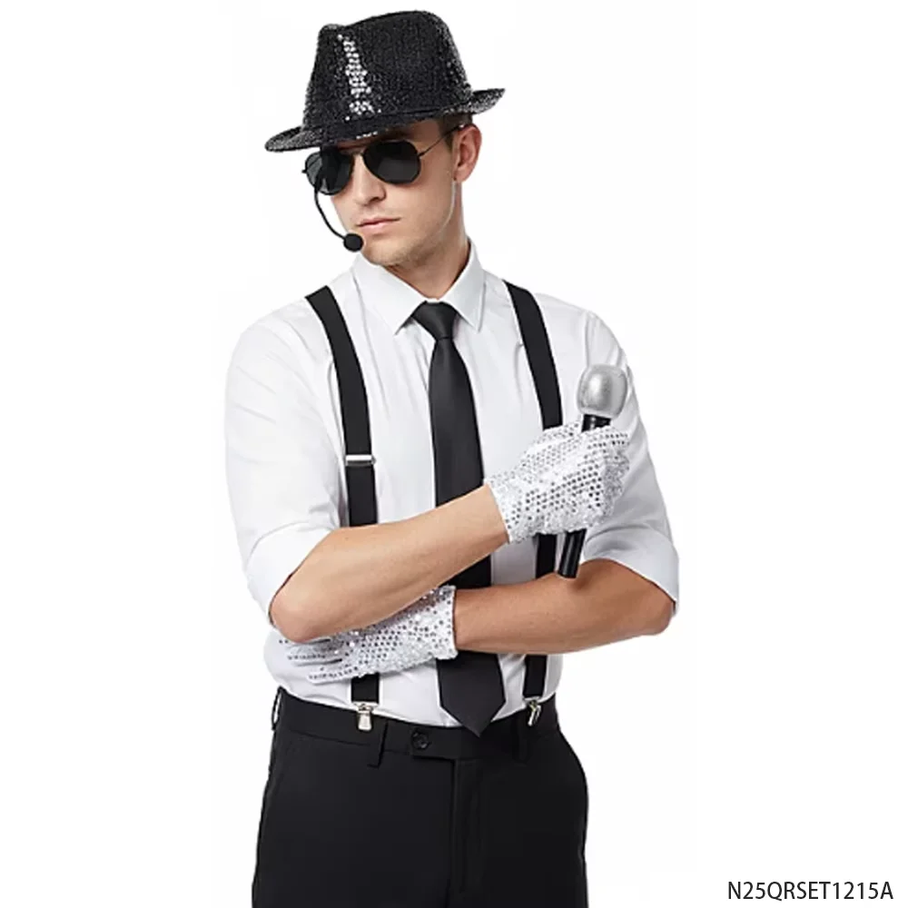 PESENAR Conjunto de fantasia retrô dos anos 90, lantejoulas, chapéu fedora, suspensórios, gravata, microfone, luvas, óculos, acessório de festa