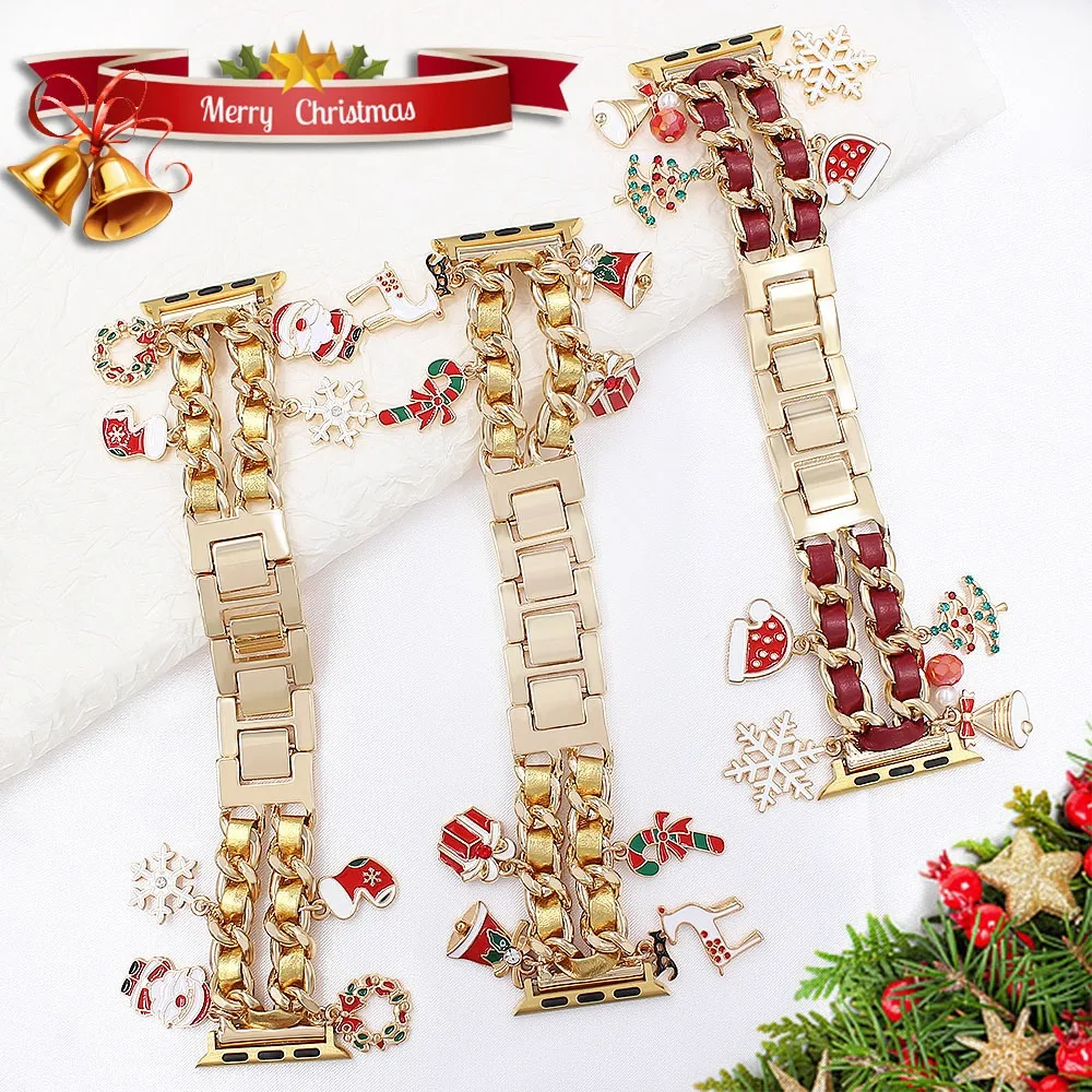 Festive Christmas Watch Band Metal Chain Leather Cord Snowflake Tree Bell Santa Hat Charms Seasonal Fashion Replacement Strap