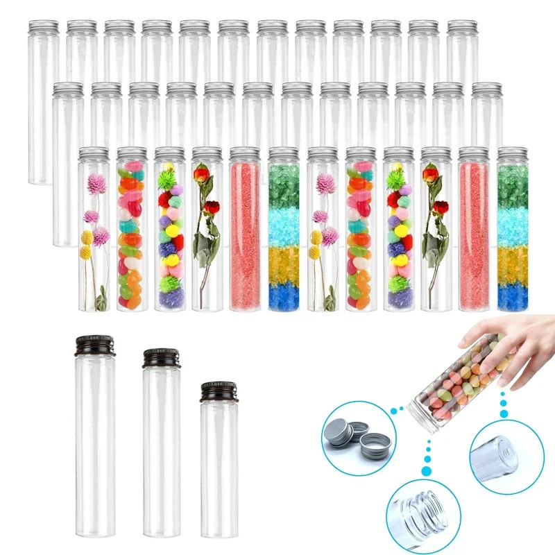 10Pcs 30-110ml Clear Plastic Test Tubes Bottle w/ Aluminum Screw Caps For Candy Spices Dried Flowers Storage Party Favors Decor