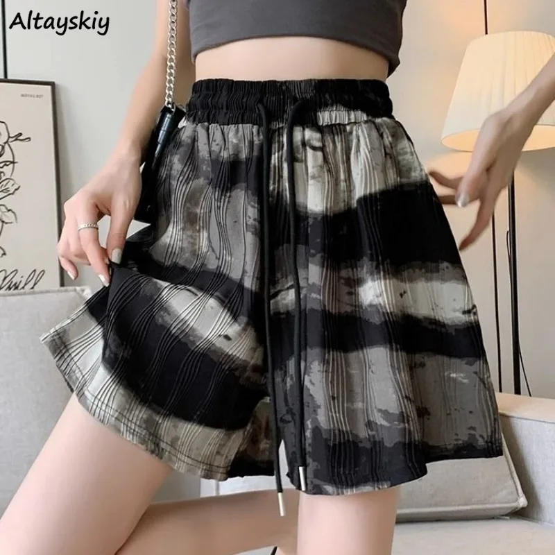 

Ink Painting Shorts for Women Loose Thin Drawstring Chic Summer High Street New Elastic Waist Students Cool Girls Casual Tie Dye