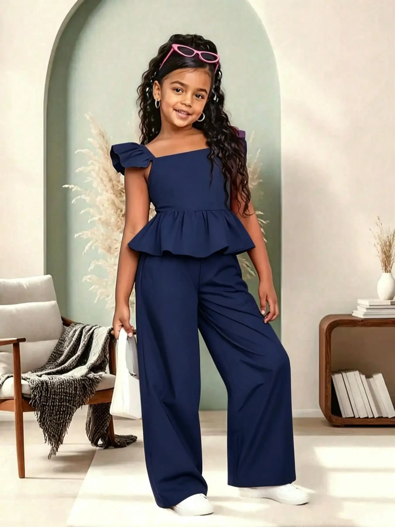 Mädchen-Jumpsuit mit Schößchen und weitem Bein, lässiger Jumpsuit mit quadratischem Ausschnitt, schmale Passform, All-in-One-Design, bequem für den Alltag, für Wochenendausflüge – Detail 15