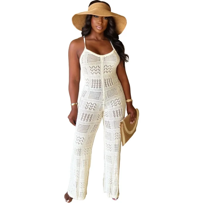 Women Hollow Knitted Camis Jumpsuit Summer Lace Up Spaghetti Straps Backless High Stretch Flare Overalls Holiday Beach Romper