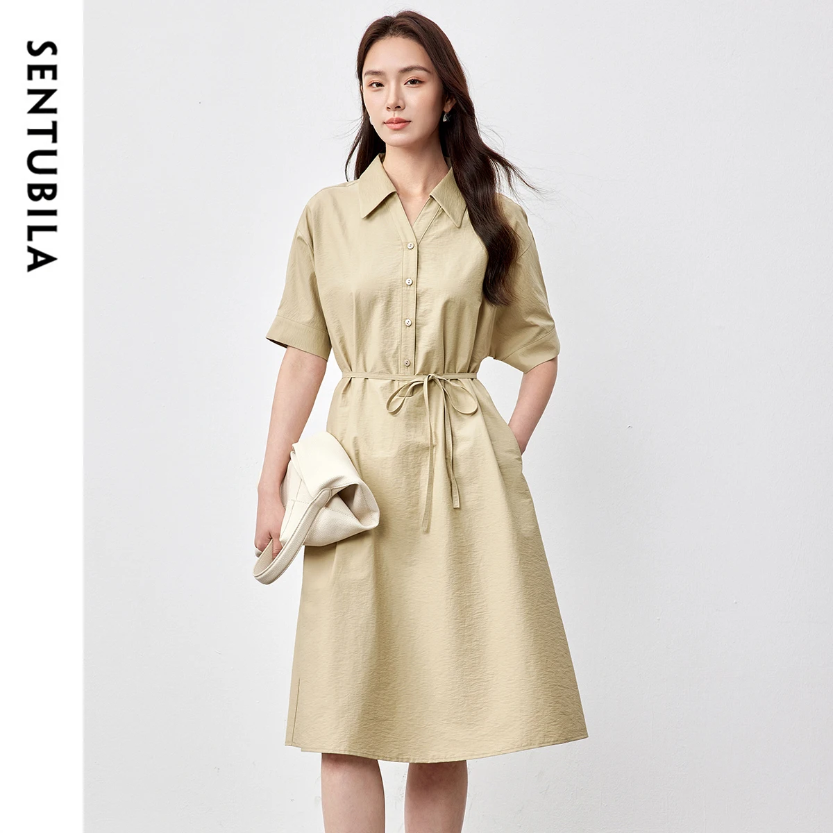 

SENTUBILA Polo Collar Shirt Dress Women's 2025 Summer New Casual Waist Tied Dress Tapioca Dresses Women Elegant 152L59177