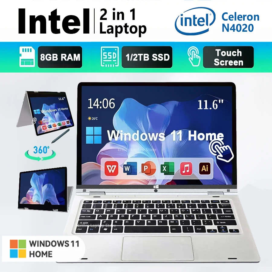 2 in 1 mini Laptop Computer Portable Touch Screen 11.6" Intel N4020 8GB 1/2TB Windows 11 Pro Office Learning Tablet PC Notebook