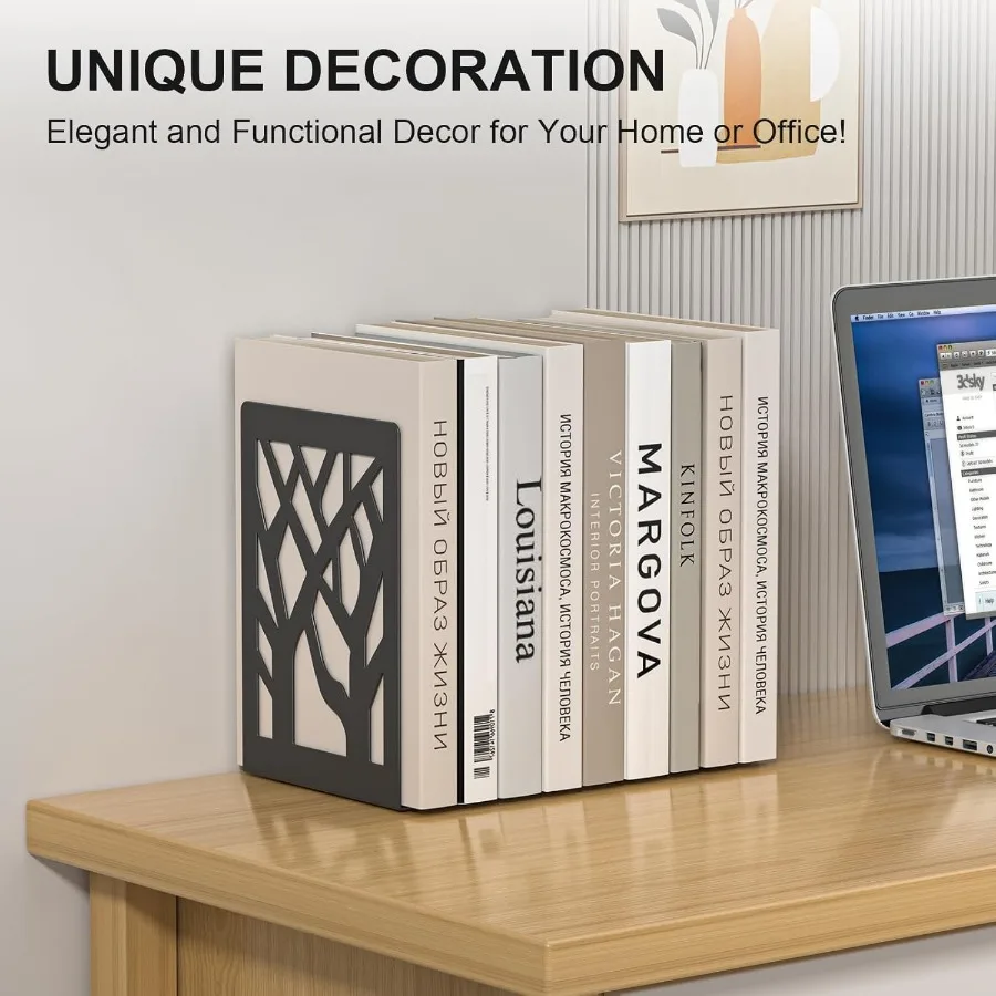 Bookends 4 Pieces Tree Design Modern Metal Bookends for Shelves Black Tree Book Ends tive Book Organizer for Desk tive Shelve B
