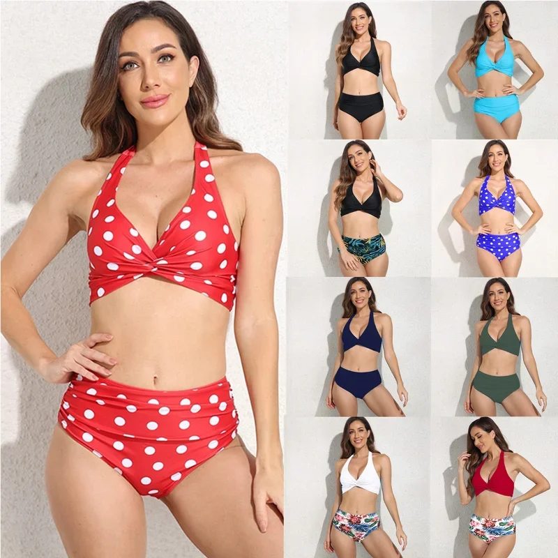 Women Bikini Set Ruched High Waist Solid Swimsuit Halter 2 Piece Wrap Dot Bathing Suit Tummy Control Slimming Floral Swimwear