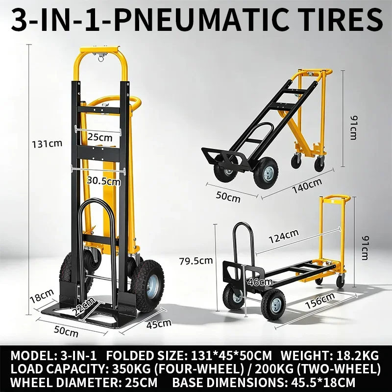 3-in-1 Folding Hand Cart, 4-Wheel Hand Cart, Diagonal Pull Mode for Effortless Hauling, Heavy-Duty Hand Cart