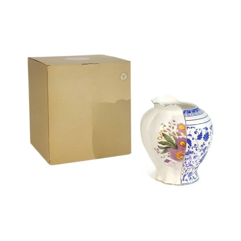 Blue and white porcelain double-sided splicing Chinese and Western ceramic light luxury vase, entrance living room ornament