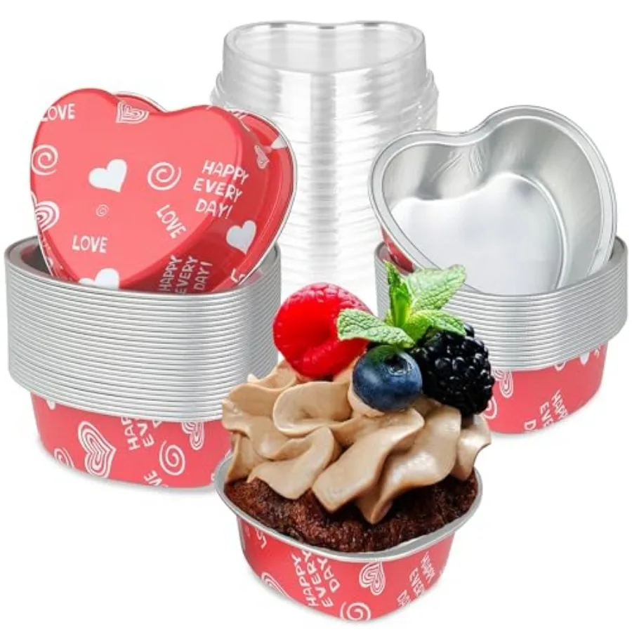 Heart Shaped Cake Pans 3.5oz, Aluminum Foil Heart Cake Pan with Lids, pcs Disposable Small Heart Baking Cupcake Pan Pink for Va