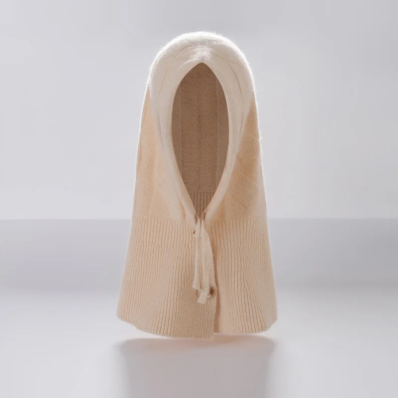 100% Cashmere Hat With Large Cable Knit Integrated Hood And Neck Warmer Buttoned Balaclava Hat For Women Warm Pullover Hat