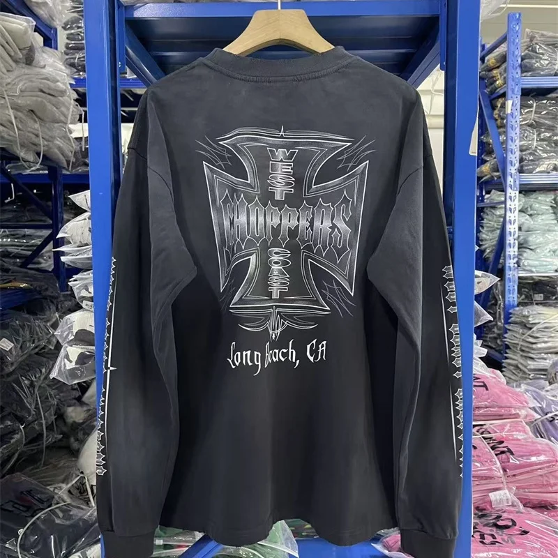 Fall New Arrival Streetwear West Coast Choppers Long-Sleeve T-Shirt Vintage Washed Blue 100% Cotton Men Women Oversized T Shirt