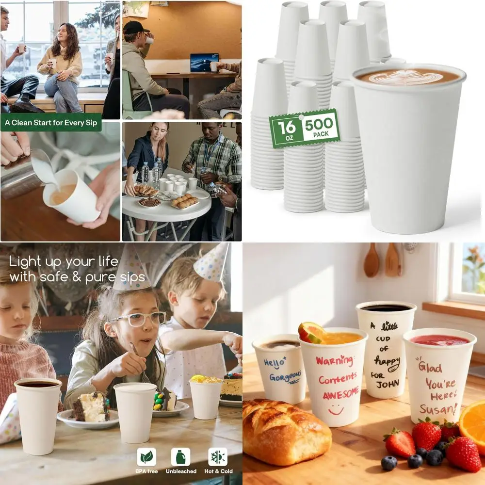 

16 oz Disposable Coffee Cups, 500 Pack, Leak-Proof, BPA-Free, 300GSM Thick, Unbleached for Hot & Cold Beverages, Ideal for Home,