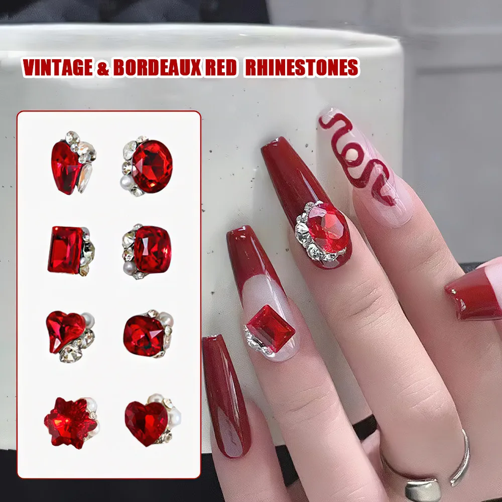 10pcs Nail Art Rhinestones Decorations Set multiple style 3D Red Heart Gem with Crystal Diamond DIY Shiny Gem Nail Accessories