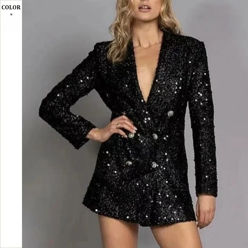Elegant Long V-Neck Slim Fit Suit Jacket Double Row Buttons Black Sequin Fashionable Top Women's Premium Quality Outerwear