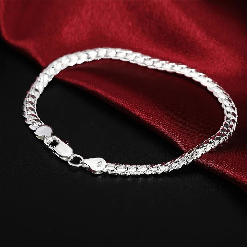 925 Sterling Silver Bracelet 6mm 18/20cm Flat Side Chain Lobster Clasp Bracelet for Woman Man Party Wedding Engagement Jewelry