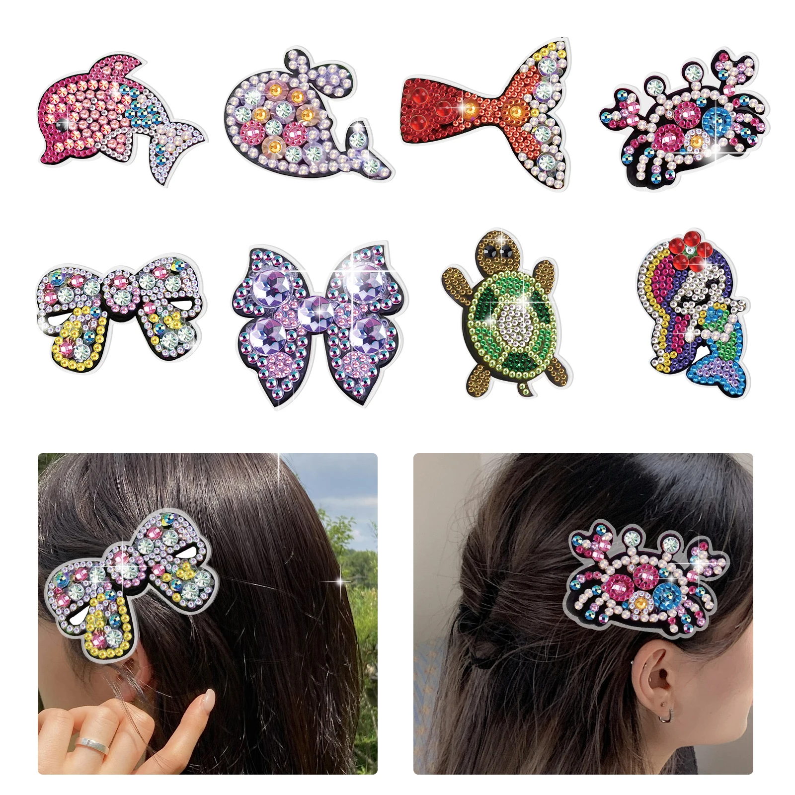 8Pcs Diamond Art Painting Hair Clips Kits,Beach Bow Elements Sparkly Glitter Crystal Diamond Hair Clips Creative Handmade Gifts