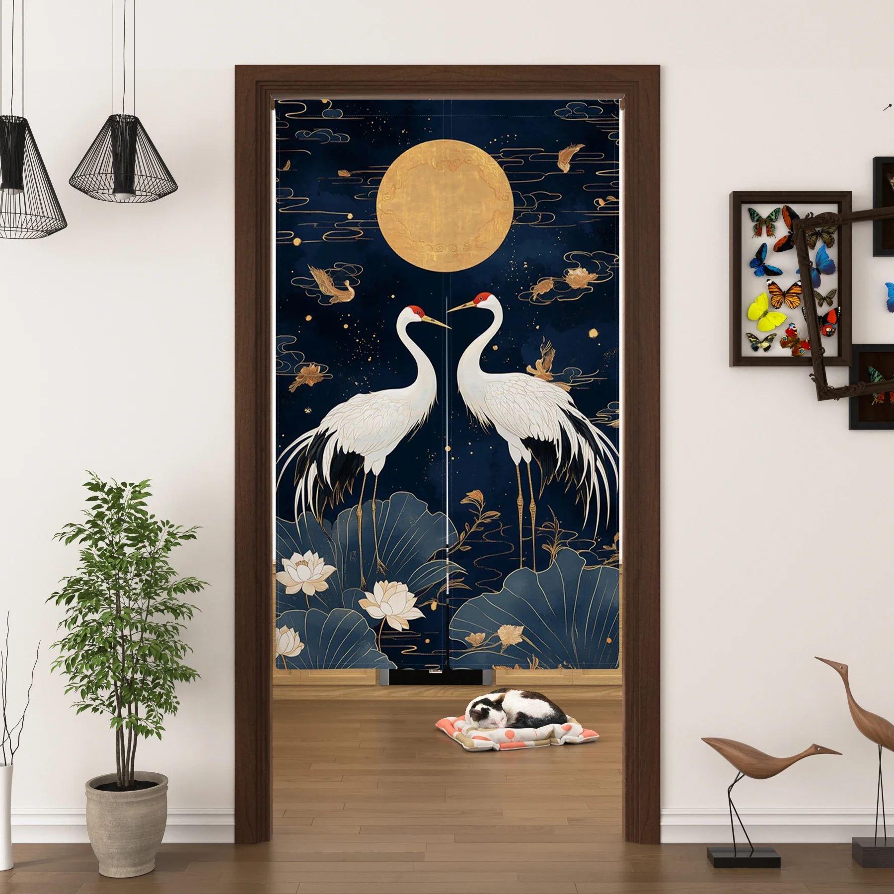 Japanese White Crane Lotus Noren Door Curtain Blue White Design for Bedroom Study Room Tea Room Traditional Japan Short Curtains