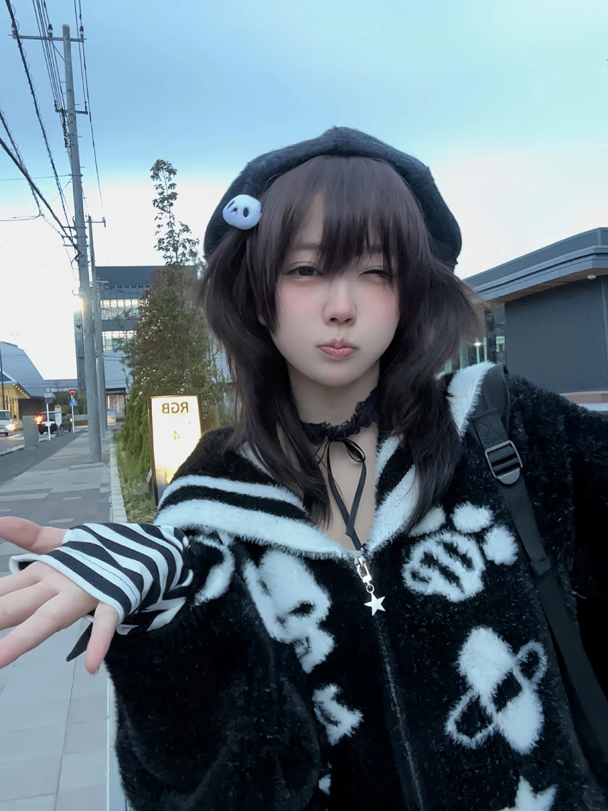 Japanese Rojita Style Sueters Black And White Cute Furry Sailor Collar Long Sleeve Warm Sweater Coat Women's Clothing Pullovers