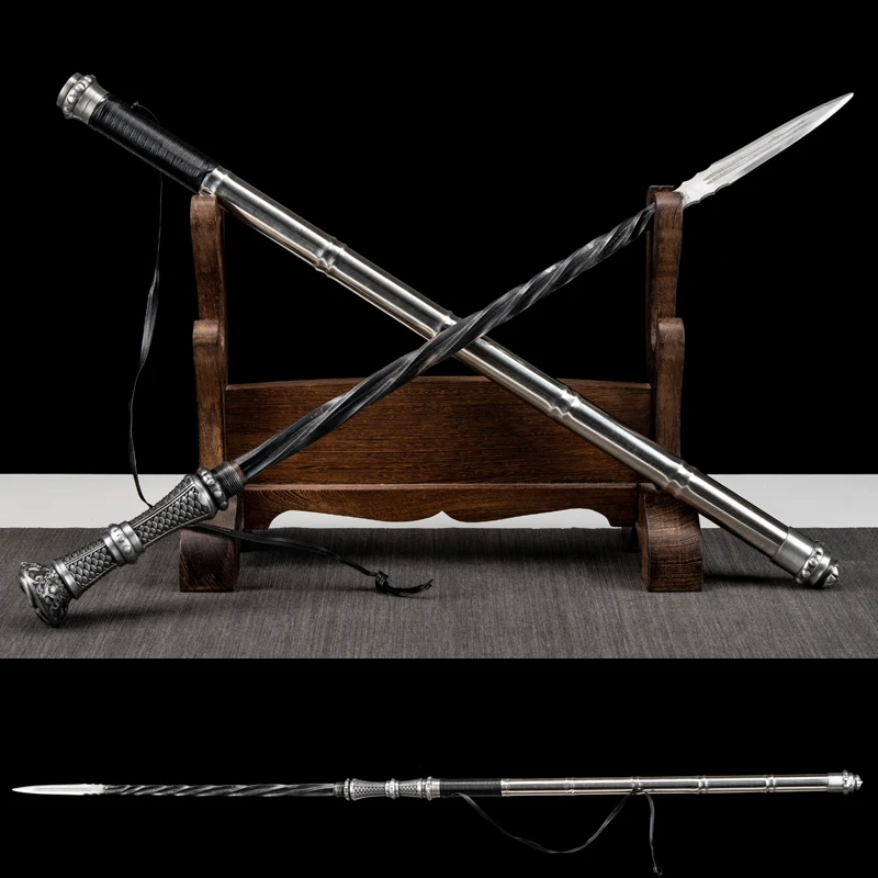Handforged Twisted Manganese Steel Chinese Qiang Spear Staff Vintage Metal Craft Ornament Home Decoration Collectible Sword