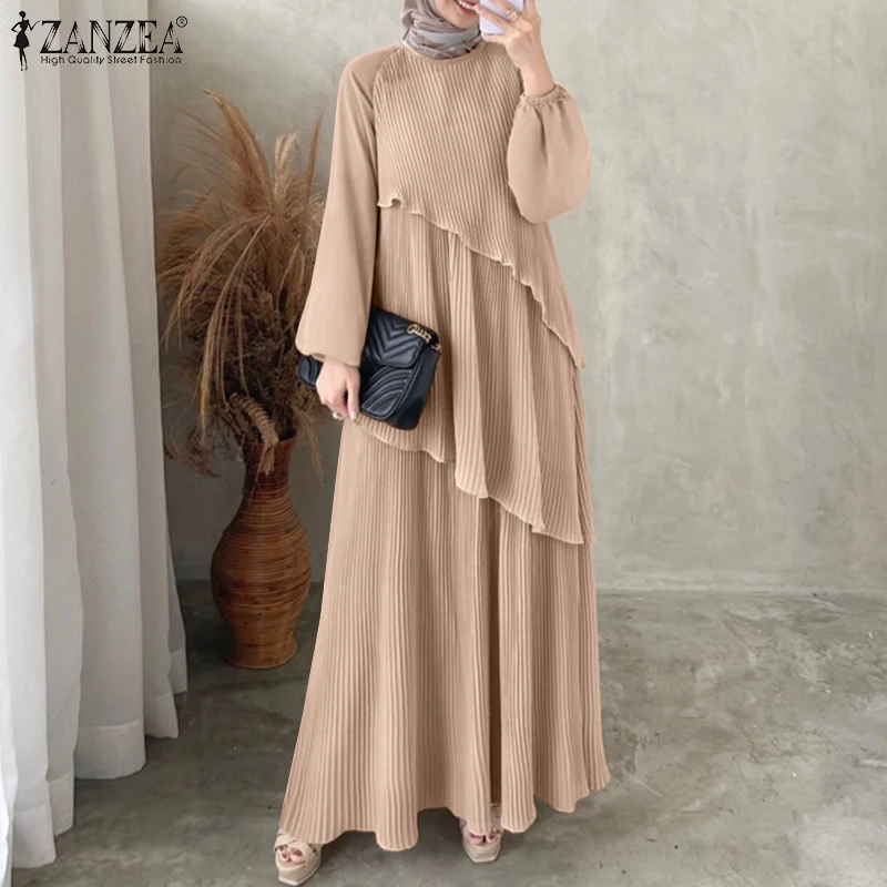 

ZANZEA Patchwork Lantern Sleeve Abaya Robes Women Plisse Layered Elegant Maxi Dress Muslim Fashion Islamic Hijab Pleated Dress