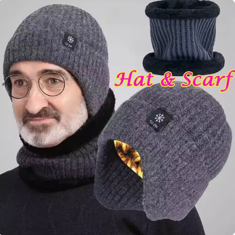 Winter Elegant 2-piece Sets For Men Dad Knit Cap Velvet Hat Coral Fleece Scarf Outdoor Riding Thickening Plus Neck Protect Cap