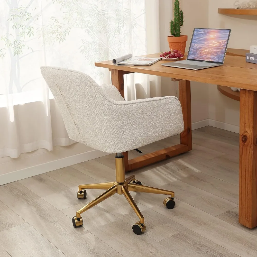 Modern Desk Chair with Wheels, White Swivel Vanity Chair for Girls Women, Upholstered Home Office Chair Boucle Armchair for Bed